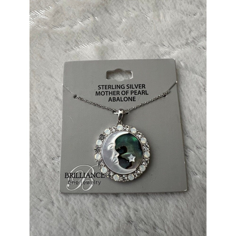 Necklace Sterling silver 925 mother of pearl and abalone moon star crystal new